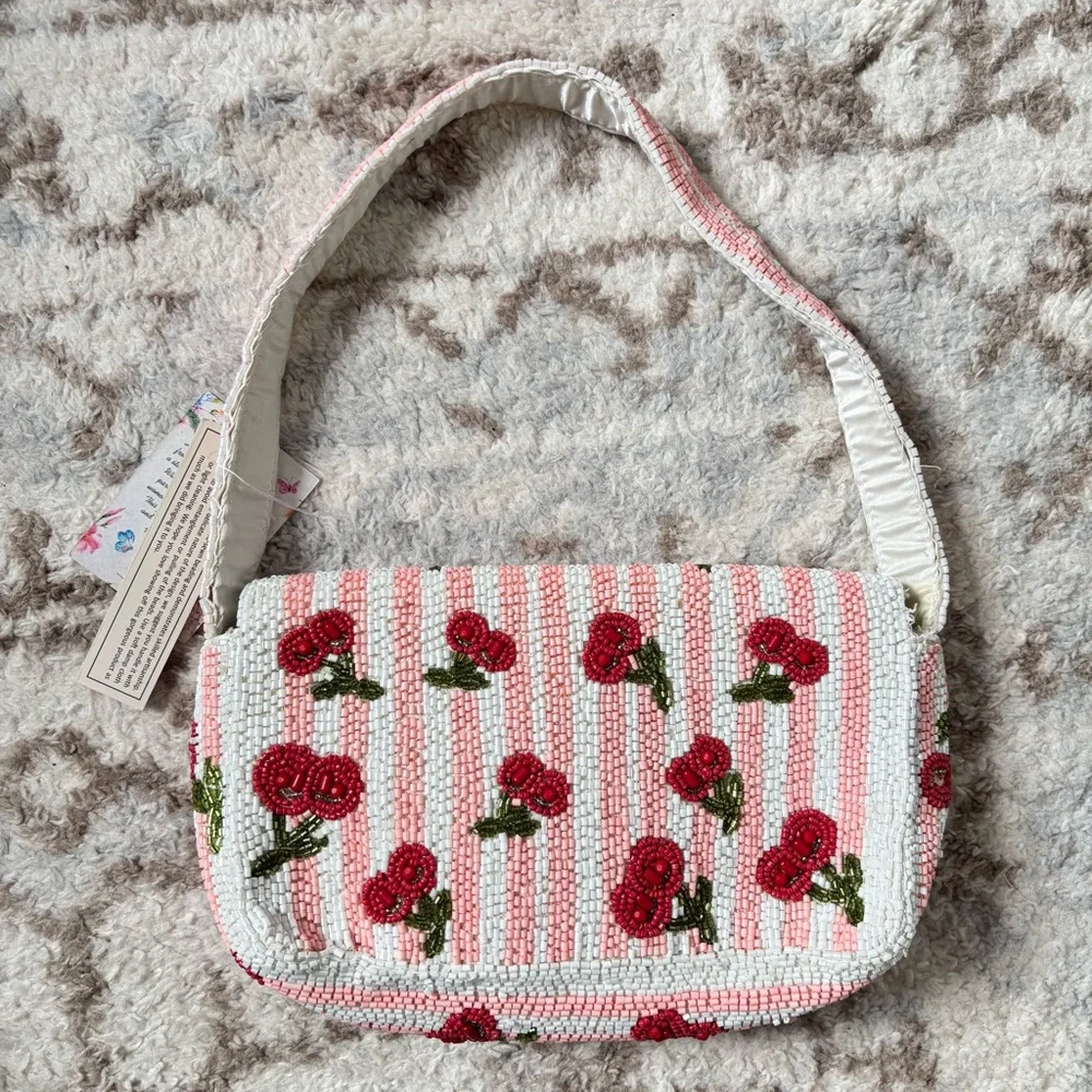 Cherry Beaded Shoulder Bag in Cream and Pink